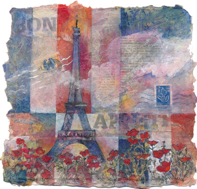 Painting depicting Eiffel Tower, red poppies, French flag, Bon Appetite. Red white and blue. Mixed media collage painting by Carolyn Wilson