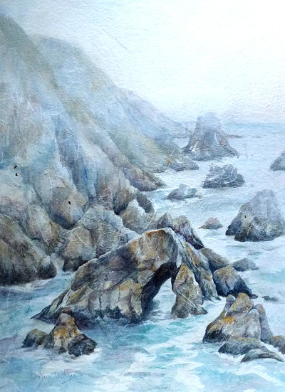 Rocky coast, waves and arched rock at Bodega Head, Sonoma Coast. Watercolor and rice paper collage painting by Carolyn Wilson