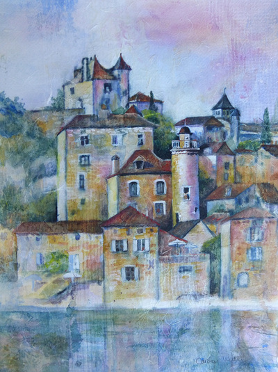Medieval stone buildings by the river at Puy L'Eveque France. Mixed media collage painting by Carolyn Wilson