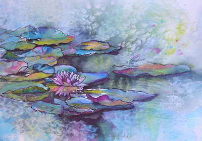 painting of waterlilies inspired by a visit to Monet's garden at Giverny, France. Mixed media and rice paper collage painting by Carolyn Wilson