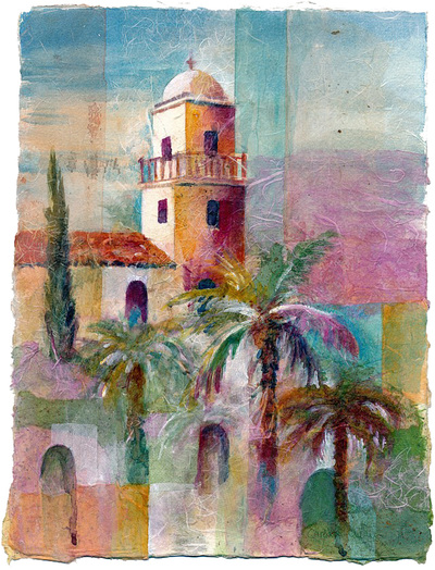 Painting of Spanish style mission building with arched windows and red tile roof set in a landscape with palm trees.