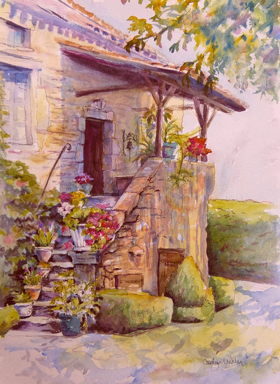 Watercolor and ink painting of French stone house and stone stairs with colorful potted plants