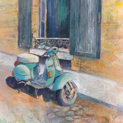 Painting of turquoise colored vintage Vespa scooter parked infront of stone wall and window with shutters. France. Mixed media painting by Carolyn Wilson.