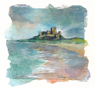 Painting of Bamburgh castle on the coast of Northumberland, England. Painting by Carolyn Wilson