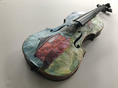Hand painted violin depicting Fountaingrove Round Barn, lost in the Tubbs Fire of Santa Rosa ,October 2017.
