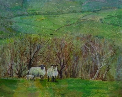 Painting of Welsh countryside, green hills of Brecon Beacons with sheep and lamb. Painting by Carolyn Wilson