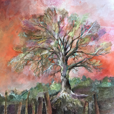 Mixed Media painting of Oak tree and old fence against orange sky. Surface texture created with rice paper collage, Painting by Carolyn Wilson
