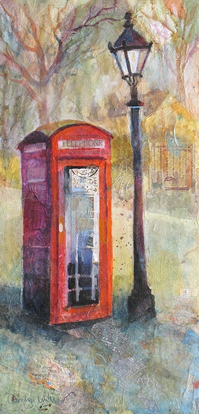 Painting of English red phone box and lamp post by Carolyn Wilson