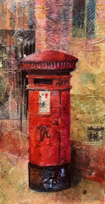 Painting of red British Letter Box. Textured mixed media and collage, including postage stamps. Mixed media painting by Carolyn Wilson.