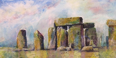 Painting of standing stone circle, Stonhenge, Wilsthire, England. Mixed media collage by Carolyn Wilson