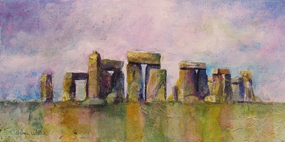 Painting of Stonehenge, England. Mixed media collage by Carolyn Wilson