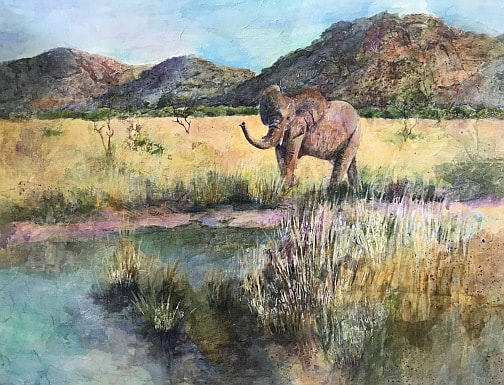 Collage painting by Carolyn Wilson. African elephant at watering hole