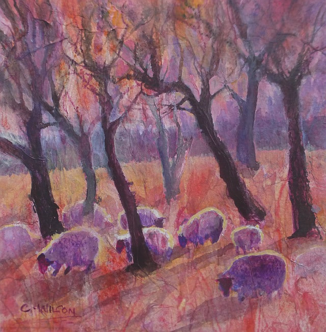 Collage painting  Carolyn Wilson. Sheep grazing at sundown