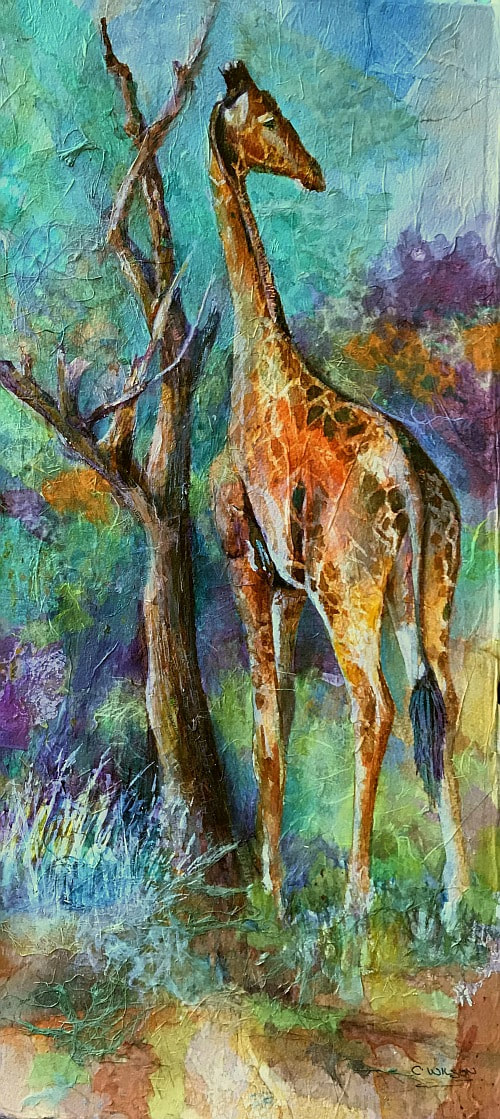 Collage painting by Carolyn Wilson. Giraffe hiding behind dead tree