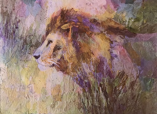 Collage painting by Carolyn Wilson. African male lion in tall grass. 