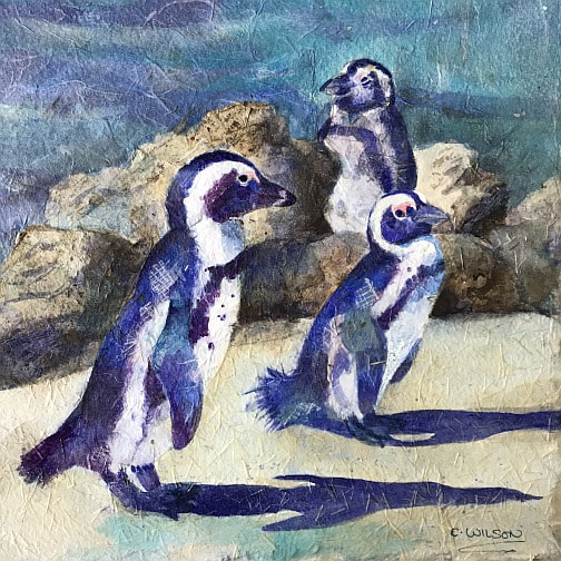 collage painting  by Carolyn Wilson. African penguins