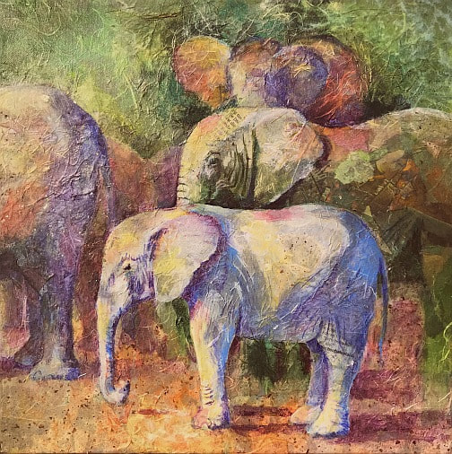 Collage painting by Carolyn Wilson. Baby African elephant sheltered by the herd