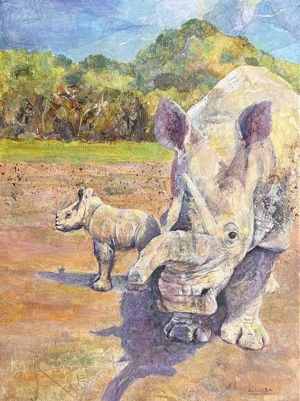 Collage artwork by Carolyn Wilson. Safari West baby white rhino Otto Lang, and mother Eesha. Picture