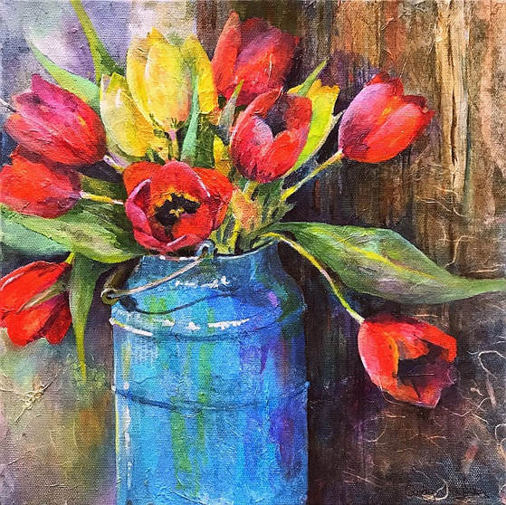 Mixed media painting and rice paper collage. Red and yellow tulips in antique blue milk jug tulips